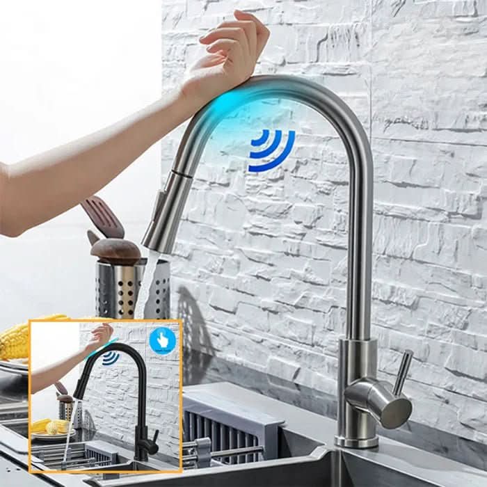 High-tech kitchen faucet: motion sensor activation & practical pull-out spray, perfect for busy kitchens.