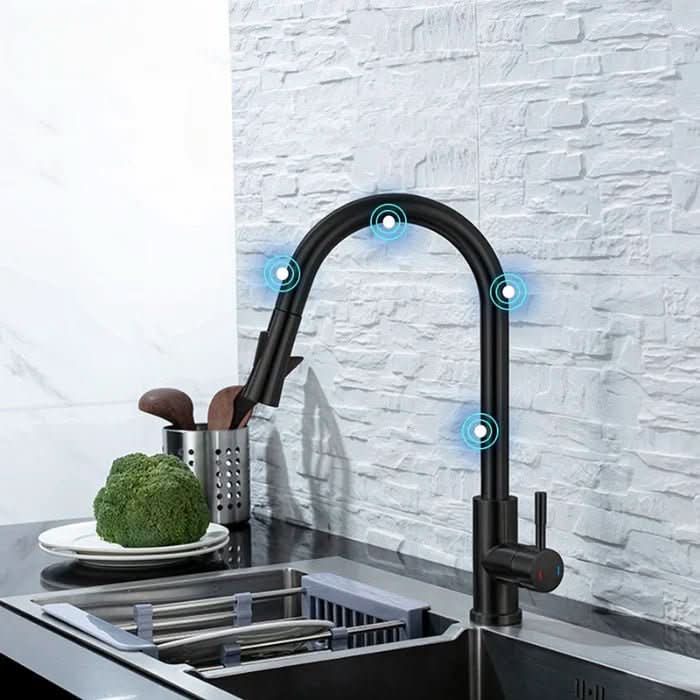Stainless steel touchless kitchen faucet with integrated smart sensor and convenient pull-out spray function.