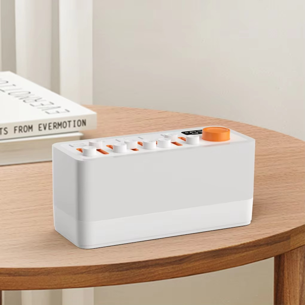 White noise sound machine with ambient RGB night light and Bluetooth speaker for stress relief.