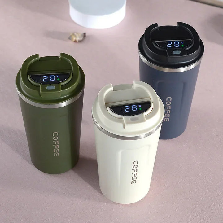 Smart stainless steel thermo mug with digital temperature display, perfect for hot & cold drinks on the go.