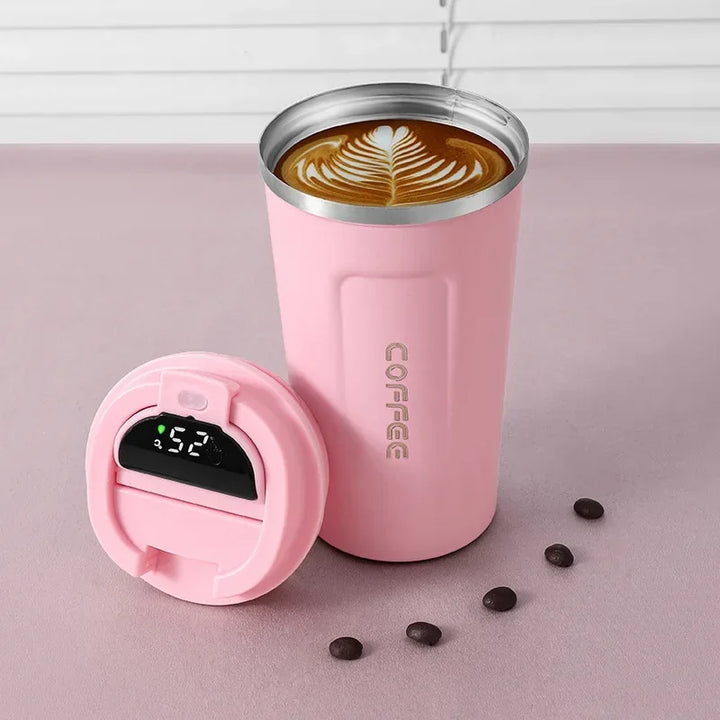 Smart insulated bottle, stainless steel, showing real-time drink temperature on a digital display.