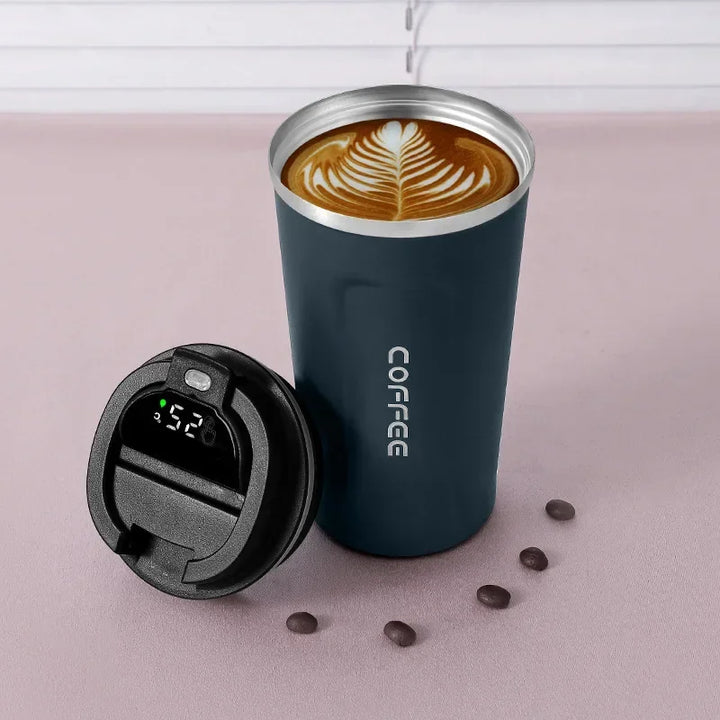 Go-anywhere stainless steel smart mug, digital temperature display for hot tea or cold infusions.