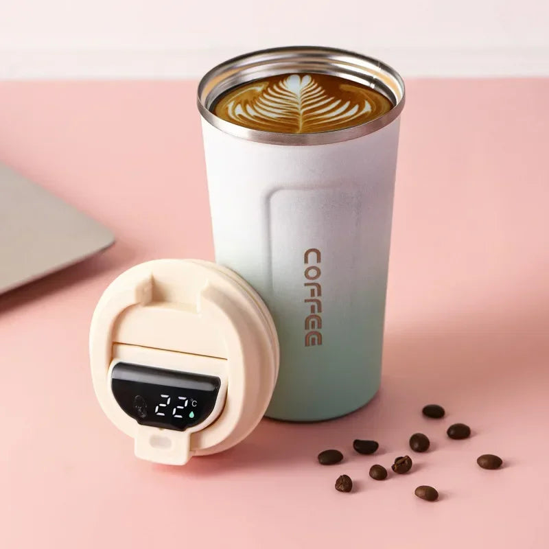 Smart reusable travel mug: stainless steel, vacuum insulated, with an accurate digital temp display.