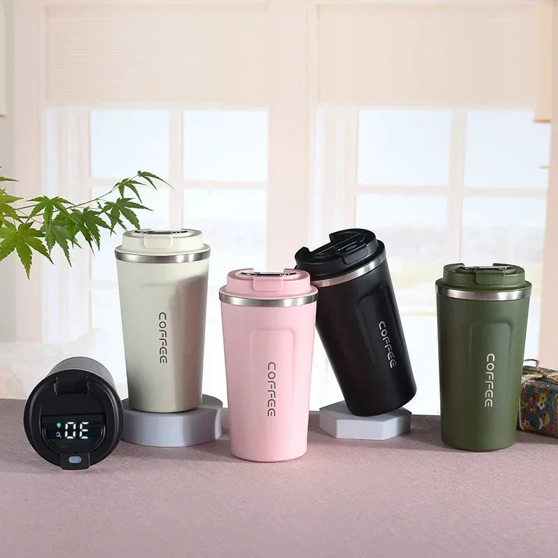 TempMate smart travel mug: stainless steel, vacuum insulated, with real-time digital temp display.