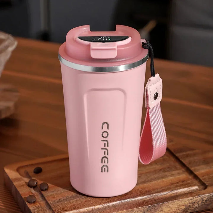 Office essential: smart thermo mug, stainless steel, with digital temperature readout for tea & coffee.