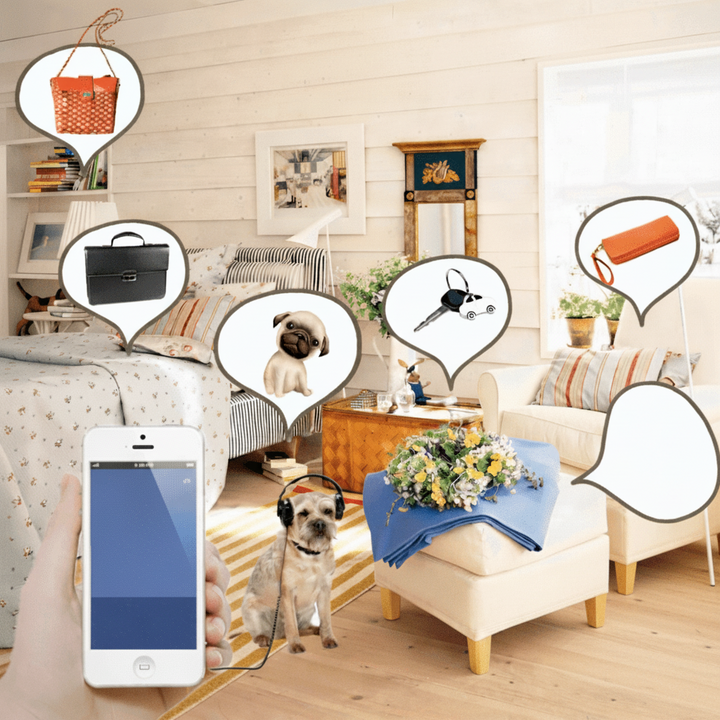 The SMARTPET item finder, a sleek anti-loss gadget for keys, wallets, or luggage with long battery.