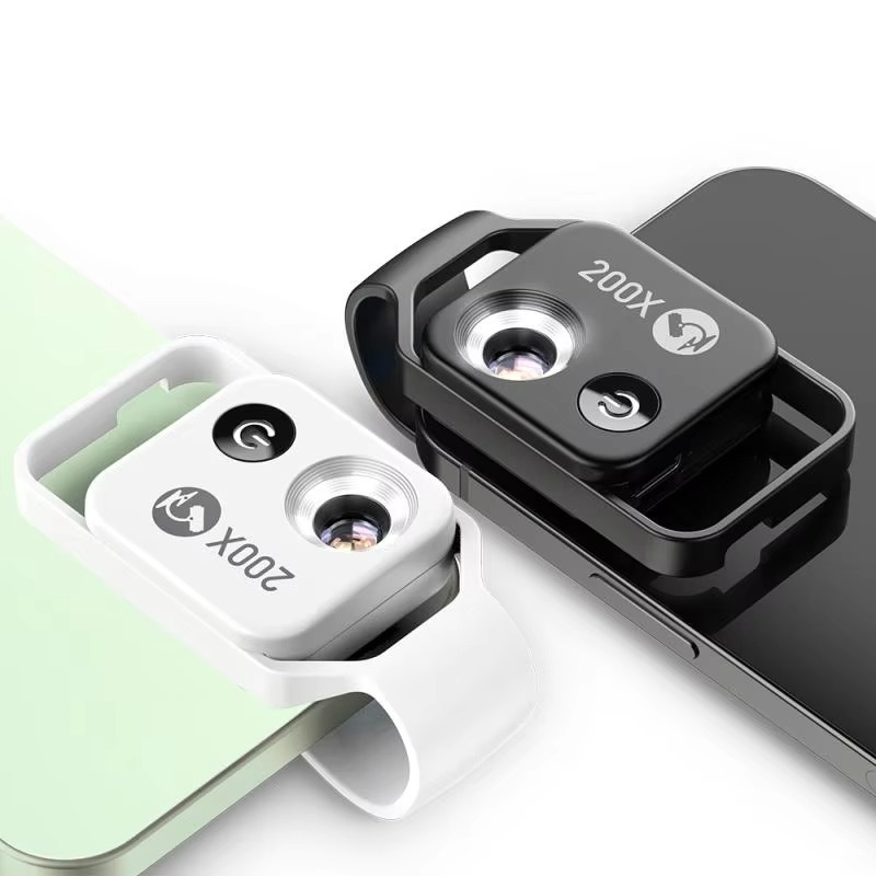 Smartphone microscope lens with 200x zoom, clip-on design for micro photography & scientific observation.