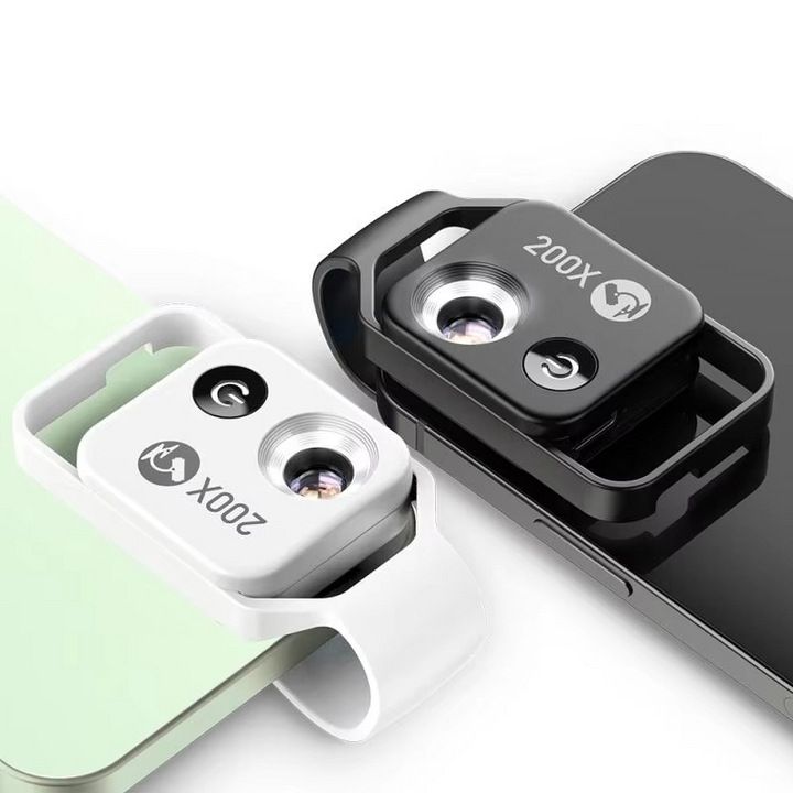 Smartphone microscope lens with 200x zoom, clip-on design for micro photography & scientific observation.