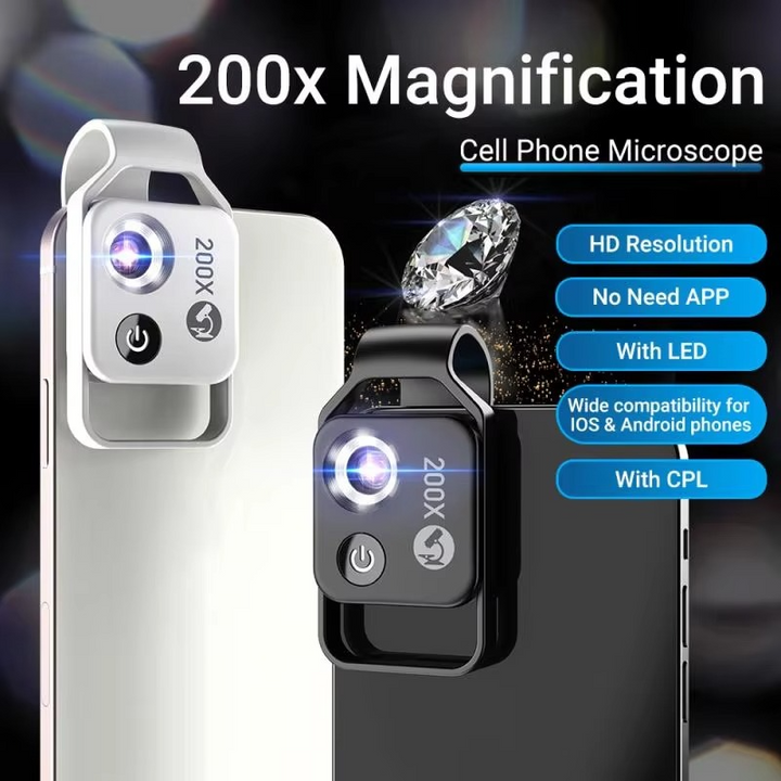 Portable 200x clip-on microscope lens attached to a smartphone for educational & nature exploration.