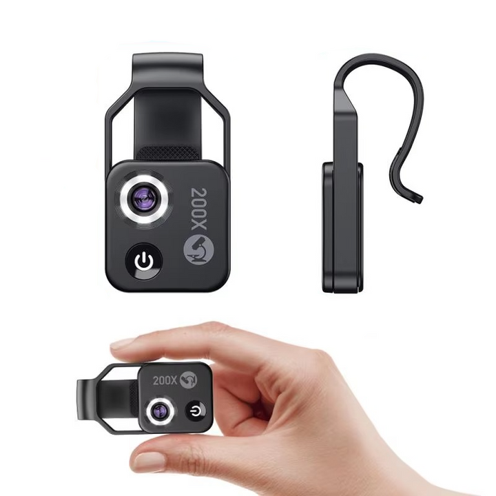 Close-up of the compact 200x zoom clip-on microscope lens, a versatile phone accessory magnifier.