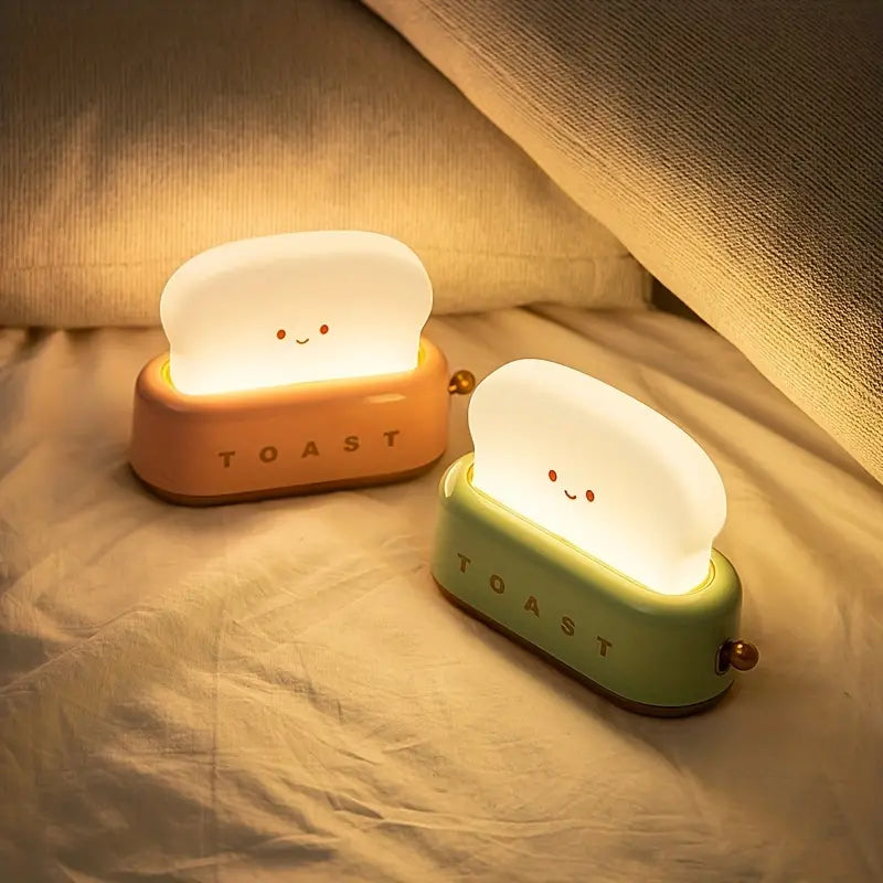 Rechargeable LED toast light for kids. Adorable smiling design, ideal as a bedroom or nursery lamp.