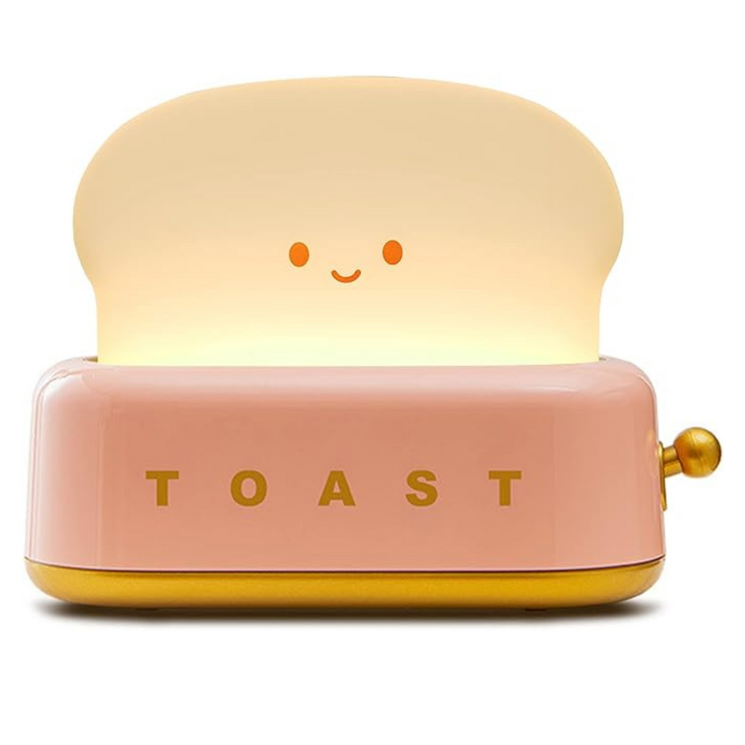 Smiling toast LED night light with soft glow. Rechargeable, safe for kids' rooms & nursery.