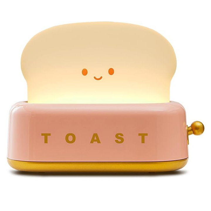 Smiling toast LED night light with soft glow. Rechargeable, safe for kids' rooms & nursery.