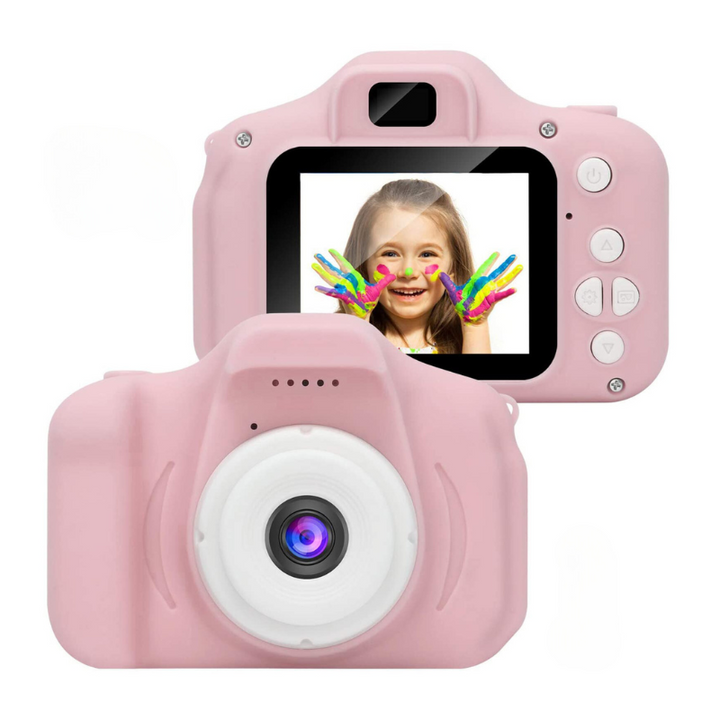 Pink SnapKid kids camera, a durable digital camera and perfect birthday gift for young photographers.
