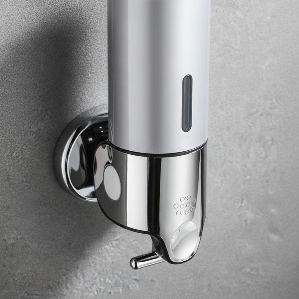 SoapGlide dispenser on a bathroom wall, highlighting its modern design and space-saving feature for liquid soap.