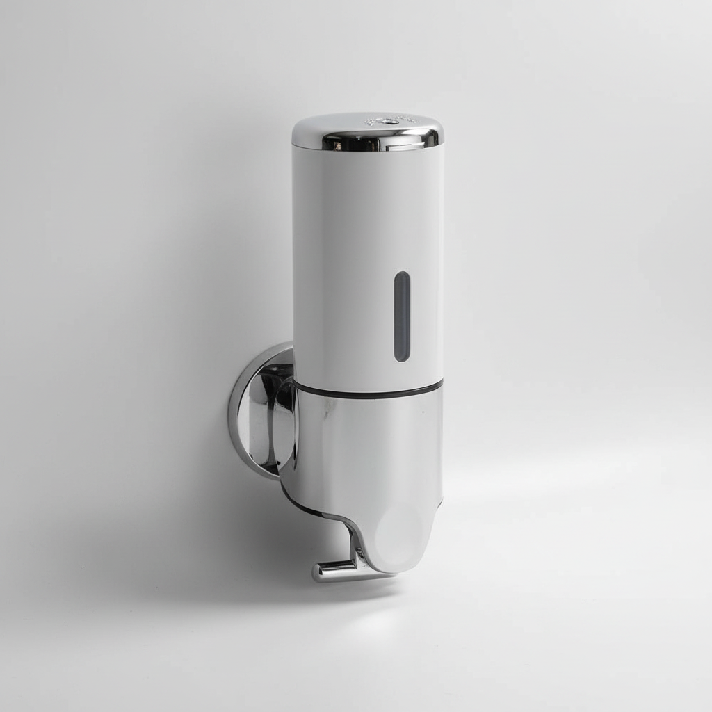 Hand pressing SoapGlide wall mounted soap dispenser, showing easy dispensing for improved hygiene.