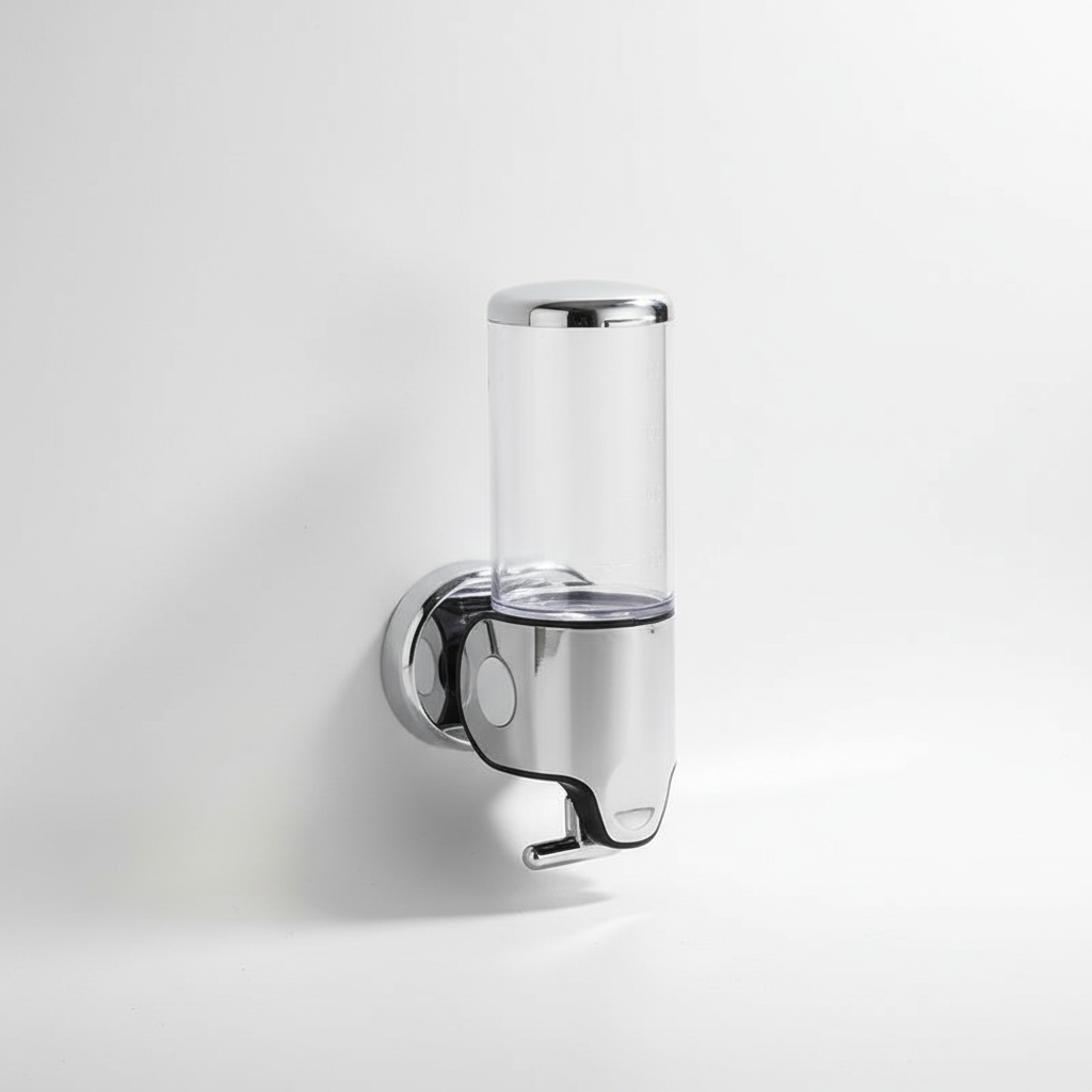 Installation view of SoapGlide liquid soap dispenser, highlighting easy wall mounting for home improvement.