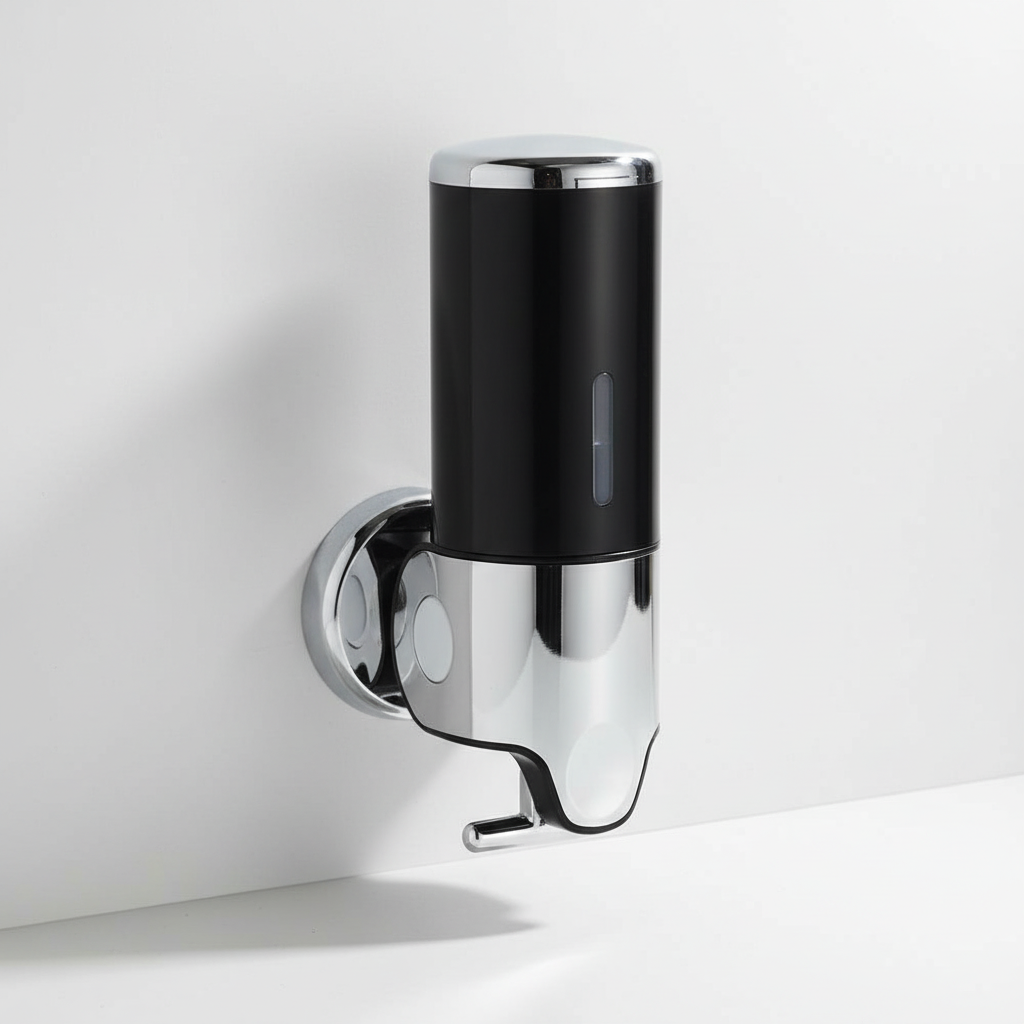 SoapGlide dispenser from the side, emphasizing its slim profile and modern design for liquid soap.