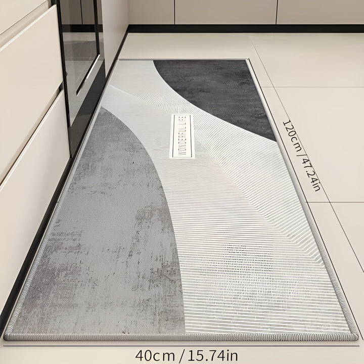 Comfortable kitchen floor mat with anti-slip backing. Soft, absorbent, washable home decor rug.