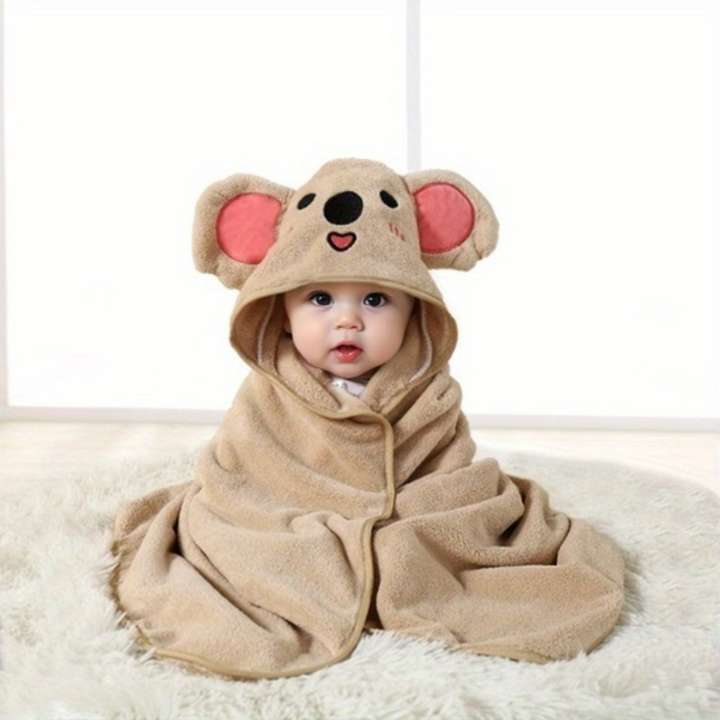 Cozy polyester hooded bath towel for infants. Super absorbent and soft for gentle drying after baths.