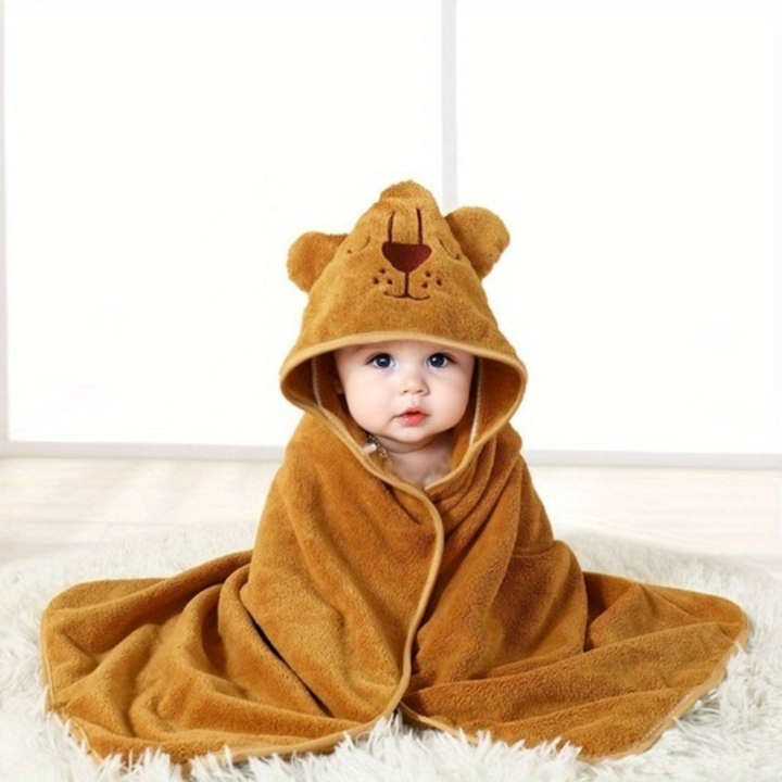 Plush baby and toddler hooded bath towel with fun animal design. Perfect soft & absorbent drying solution.