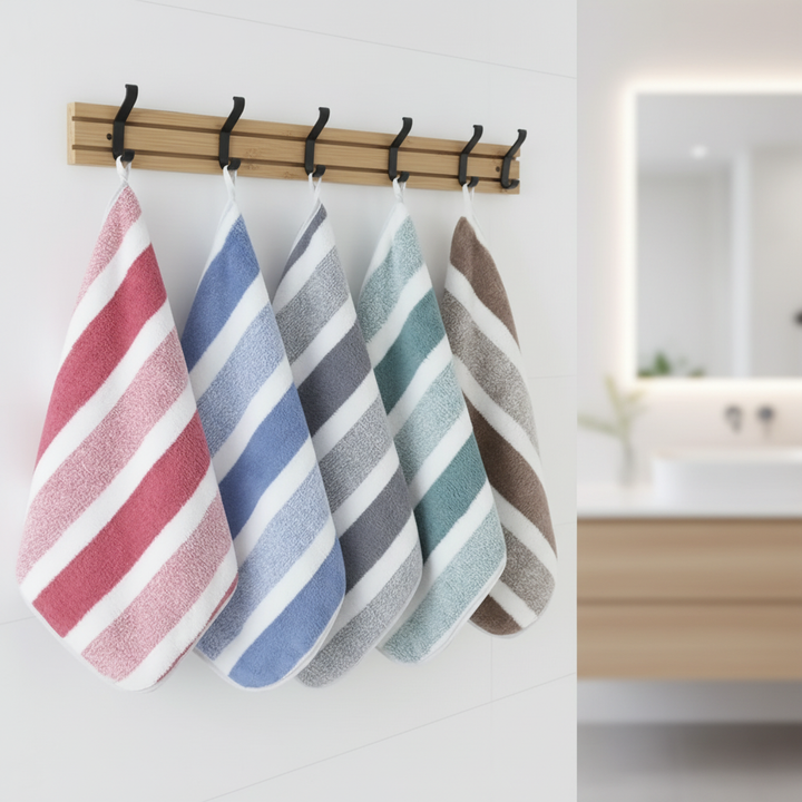 Soft absorbent coral fleece towel set, 5 pieces, striped, white and grey, modern bath