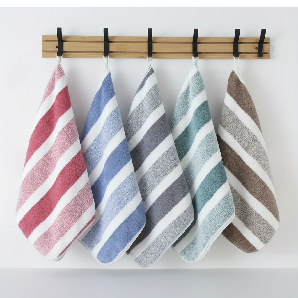 Bathroom interior with soft absorbent striped fleece towels draped over a rack, easy care