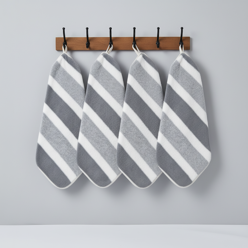 Five-piece set of soft, absorbent coral fleece towels, folded neatly, striped and cozy