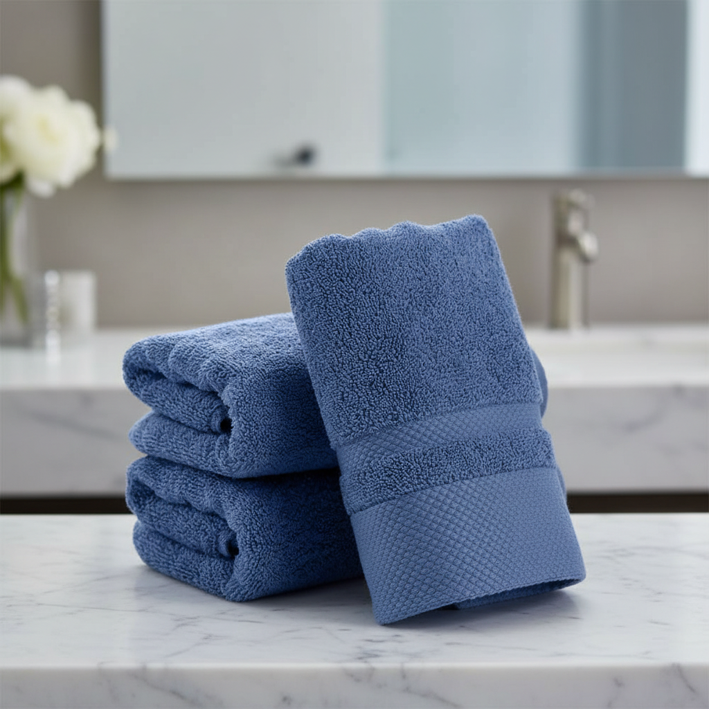 Soft absorbent cotton blend bath towel in light blue, perfect for a spa-like bathroom experience