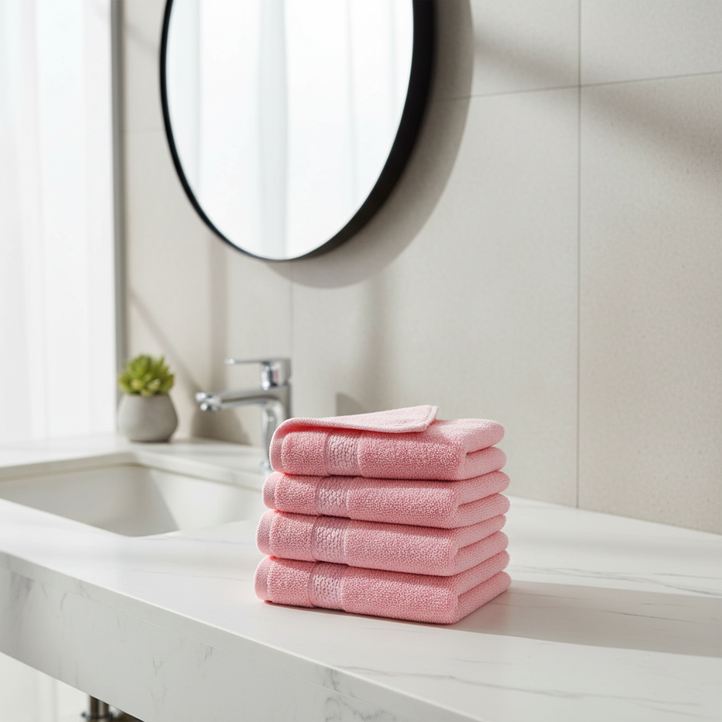 Soft absorbent 'CottonJoy' 4-piece towel set in a neatly folded stack, ideal for any bathroom.