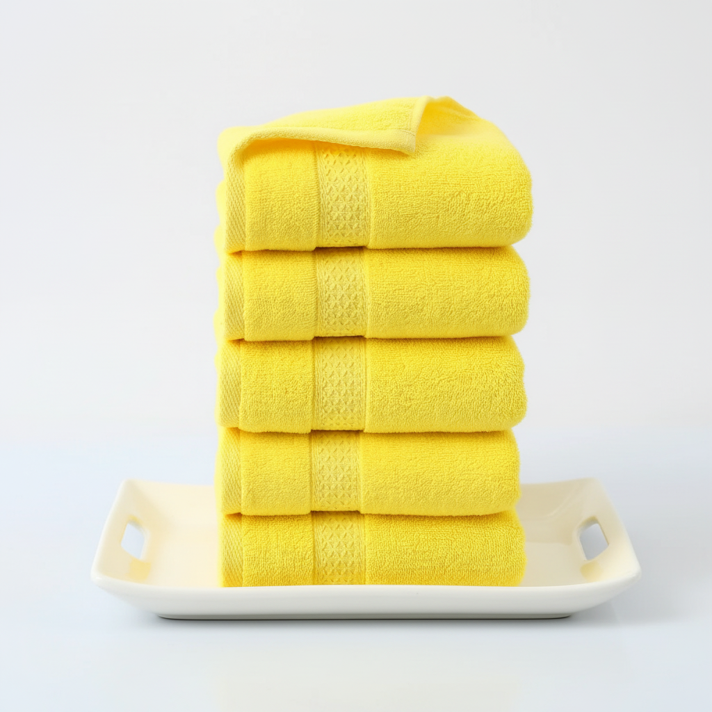 Soft 'CottonJoy' cotton hand towel, folded neatly on a bathroom counter, ready for use.