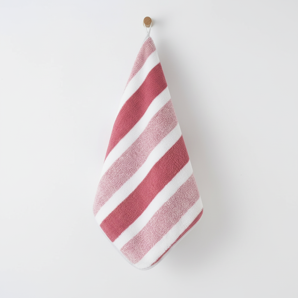 Unisex coral fleece hand towels with soft stripes. Highly absorbent, perfect for any bathroom decor.