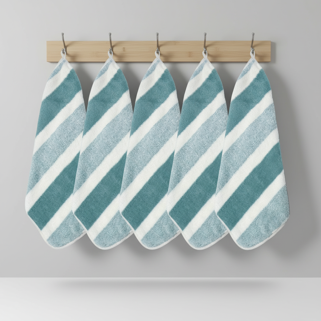 Unisex soft striped hand towels, 5-pack. Quick-dry, highly absorbent coral fleece bath linen for everyday.
