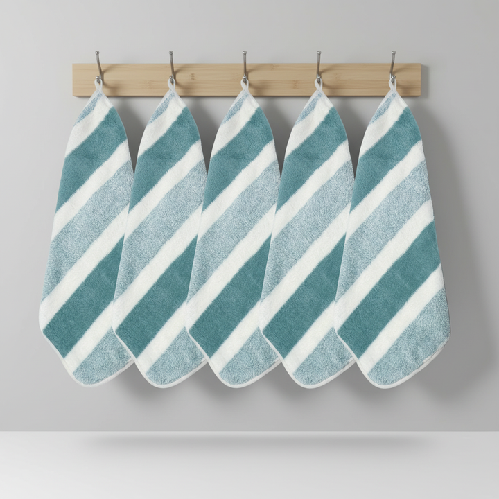 Unisex soft striped hand towels, 5-pack. Quick-dry, highly absorbent coral fleece bath linen for everyday.