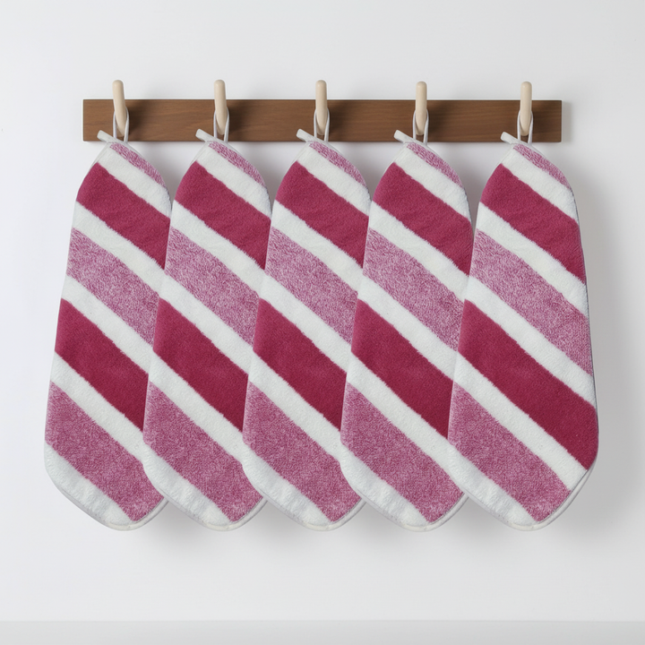 Five-pack of soft, absorbent striped hand towels. Durable coral fleece for quick-dry bathroom and home use.