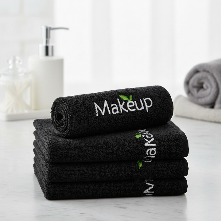 Soft black microfiber face cleansing towel, perfect for gentle makeup removal and daily skincare.