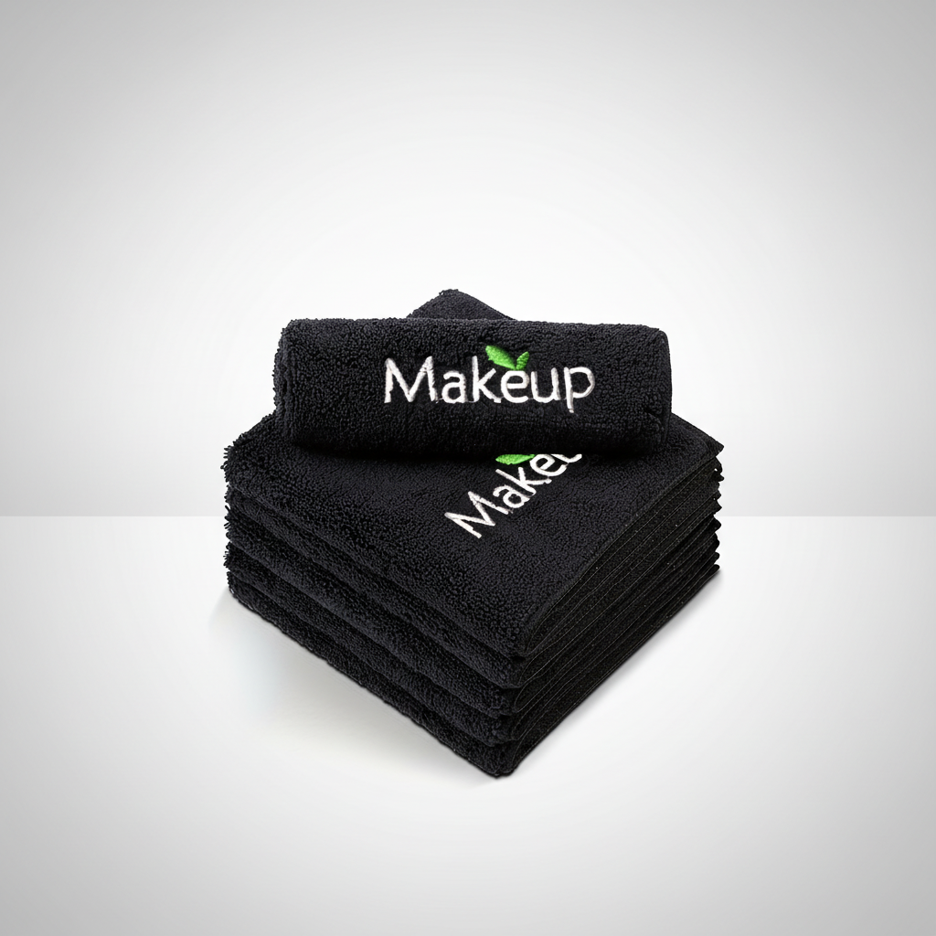 Stack of black microfiber towels, ideal for facial cleansing, makeup removal, and skincare routines.