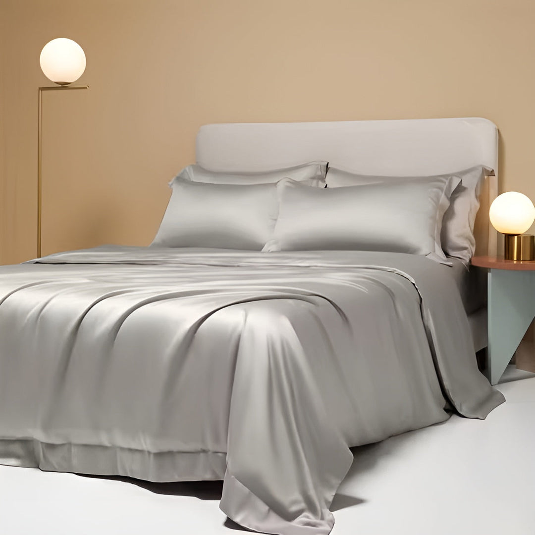 Close-up of soft, silky bamboo duvet cover fabric, highlighting luxurious texture and sleep comfort.