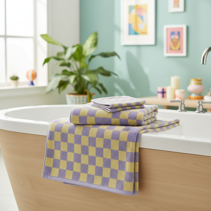 Soft checkerboard cotton bath towel in black and white stripes for quick dry and home decor.