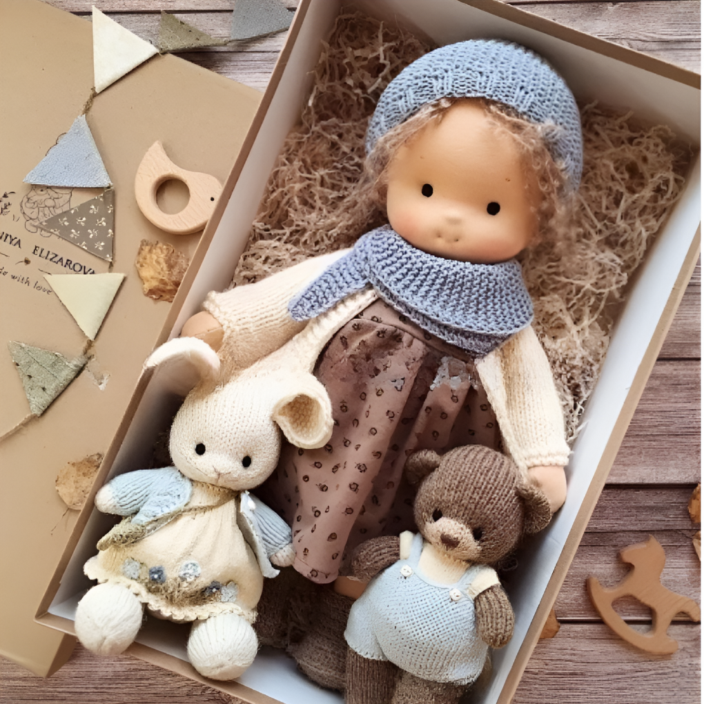 Waldorf comfort doll, soft organic cotton, promoting imaginative play & nursery tranquility.