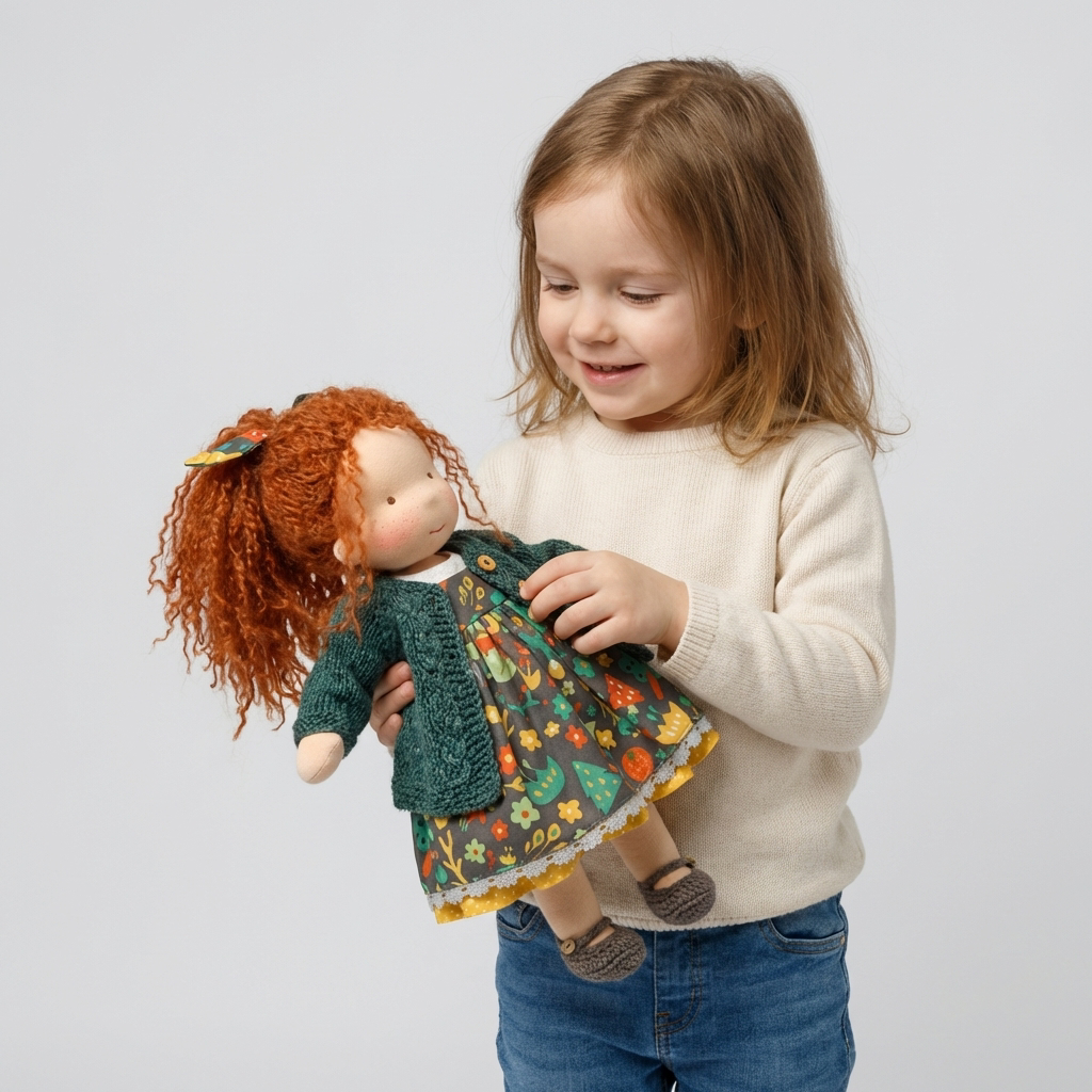 Handmade Waldorf wool doll, natural stuffed toy for creative child play and comfort.
