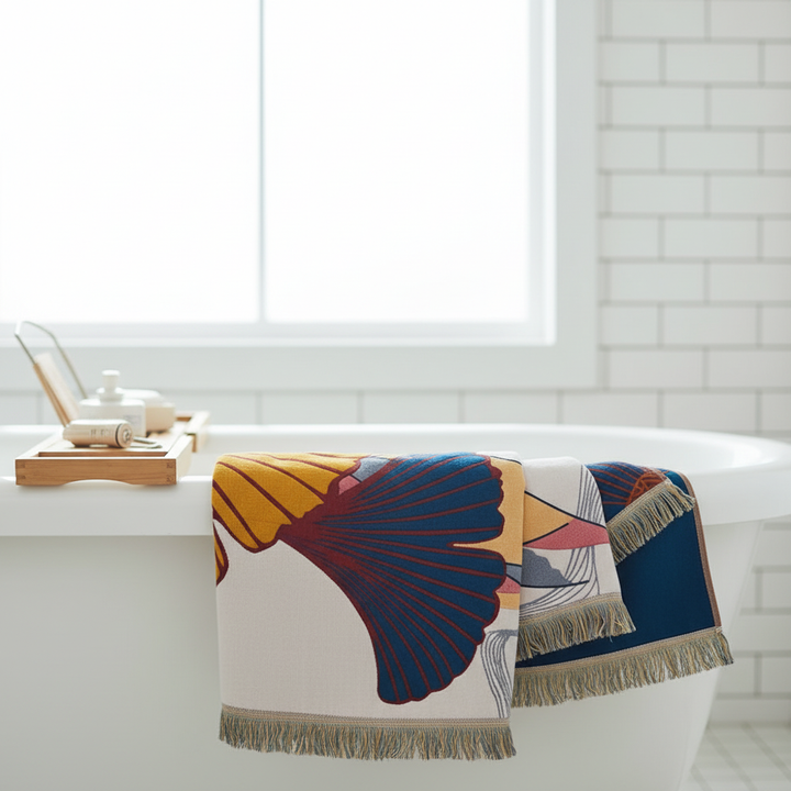 Soft cotton beach towel with Ginkgo leaf pattern, absorbent and stylish for unisex use
