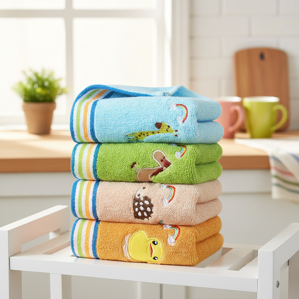 Soft cotton cartoon animal hand towel for kids, featuring an adorable animal design, perfect for bathroom use.