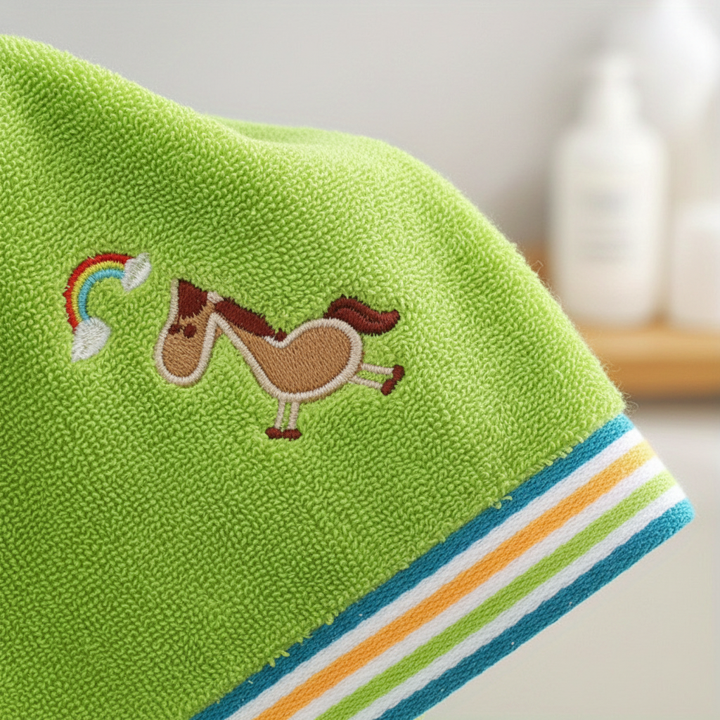 Vibrant cartoon animal cotton hand towel, soft and absorbent, great for kids, travel, or kitchen use.