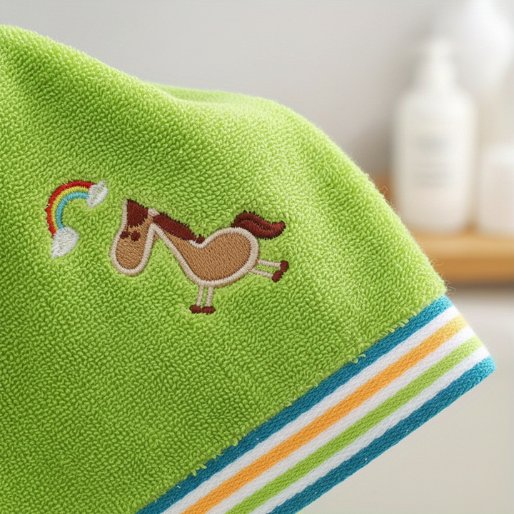 Vibrant cartoon animal cotton hand towel, soft and absorbent, great for kids, travel, or kitchen use.