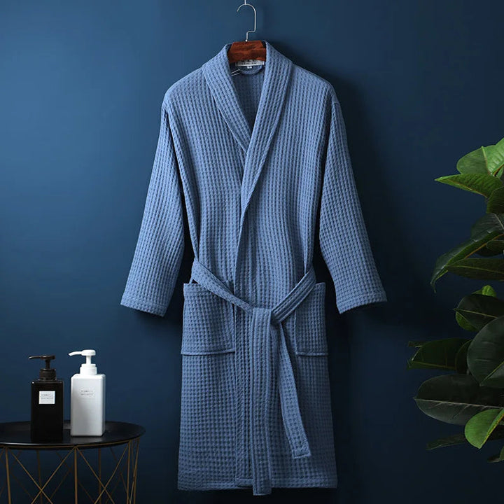 Ultimate relaxation in this soft cotton unisex bathrobe, perfect for home loungewear.