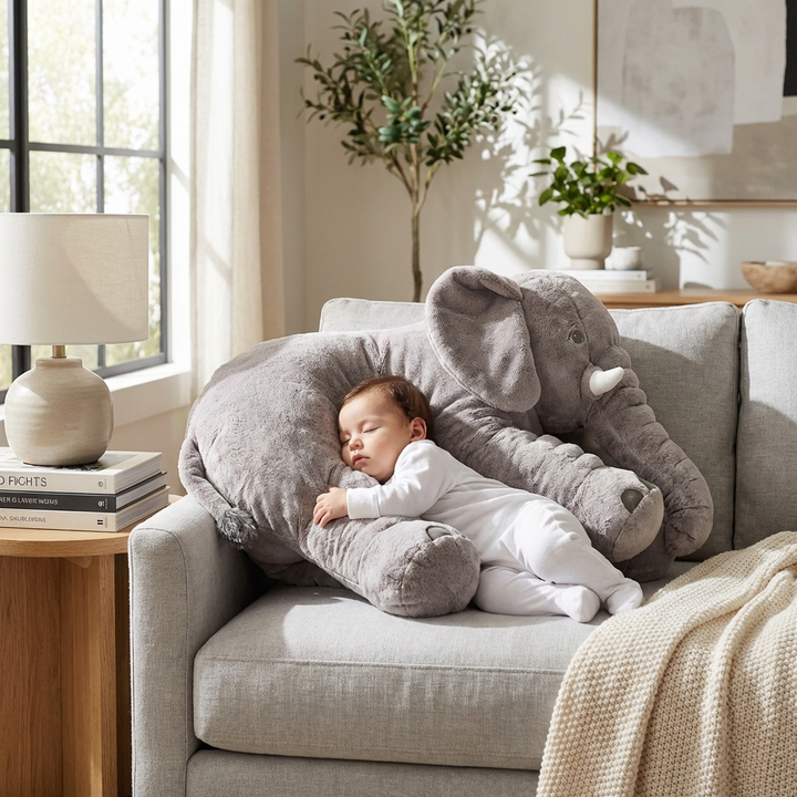 Cozy plush baby elephant cuddle pillow in grey, ideal soft toy for newborns & toddlers. Great comfort pillow.