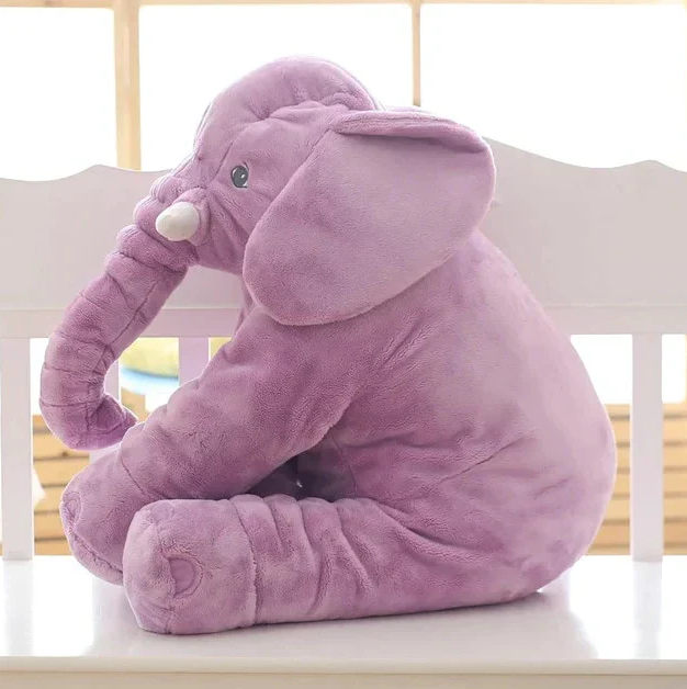 Snuggly baby elephant cuddle pillow, long plush body perfect for infants to rest or play. A lovely nursery gift.
