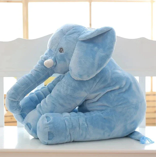 Grey baby elephant plush cuddle pillow, a versatile soft toy, infant pillow, & nursery decor for newborns.