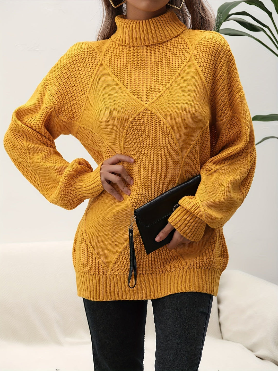 Soft knitted women's turtleneck sweater with dropped shoulder, perfect for comfortable autumn & winter fashion.